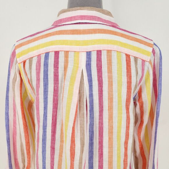 Talbots Top Petites MP PM Linen Blouse Blue Pink Yellow Stripe Beach Resort - Picture 9 of 14